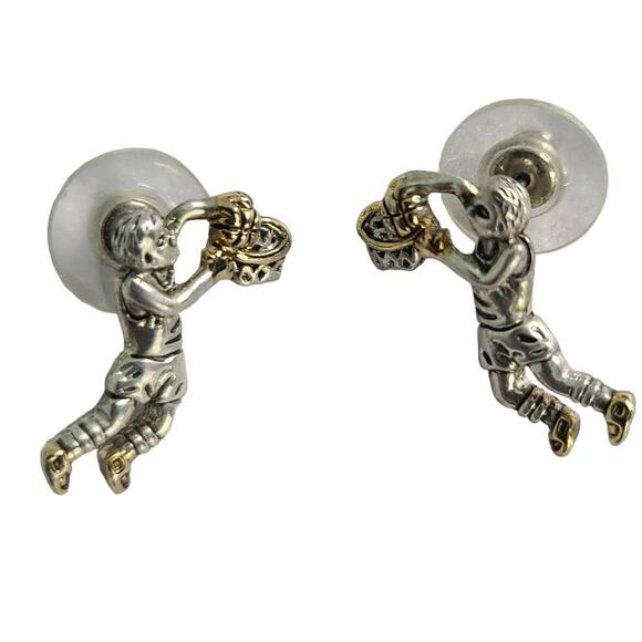 Vintage 1990s Basketball Player Two tone Metal Stud Earrings 1" NEW Deadstock - Picture 1 of 5